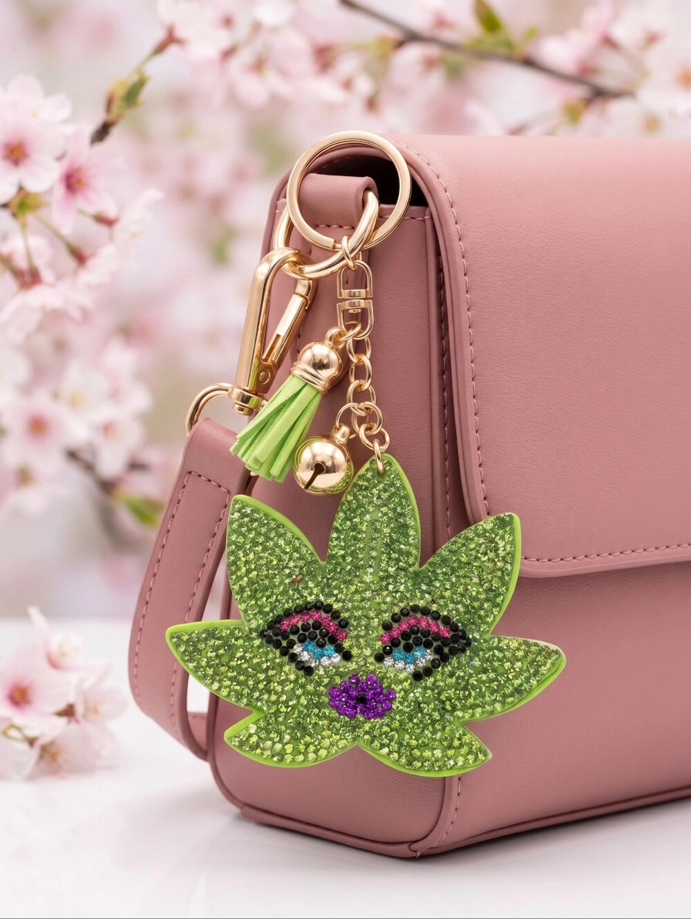 Bright Green Leaf Lady Crystal Bag Charm/Key Chain